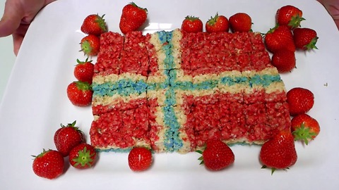 Norway flag cake made from Rice Krispie's Treats