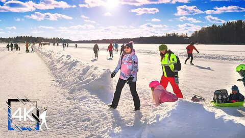 Winter ice Walk on Frozen lake at Lake Tuusula, Finland 4K