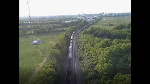 Aerial view of a Train running down the tracks