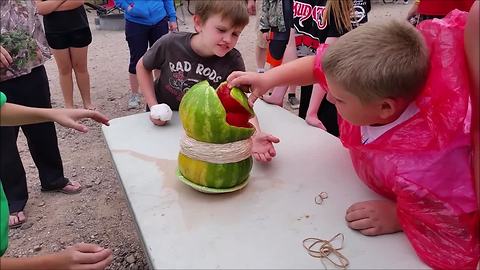 Watermelon + 435 Rubber Bands = TROUBLE