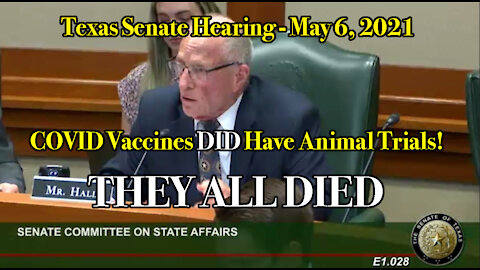 Texas Senate Hearing; COVID Vaccines DID have Animal Trials, All were halted because they Kept Dying