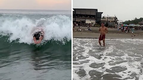 Dude has a blast while body-surfing on big waves