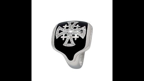 14K White Gold Men’s Jerusalem Cross Signet Ring with 86 Diamonds and Black Enamel