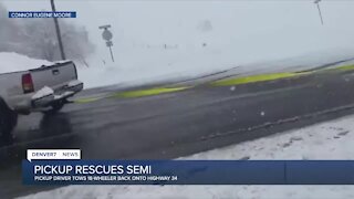 Pickup rescues 18-wheeler on Highway 34 during snowstorm