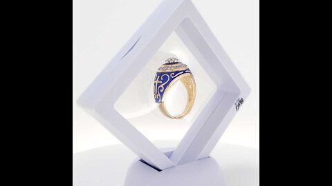 14K Gold Halo Ecclesiastical Ring Jerusalem Cross with 35 Diamonds and Blue Enamel