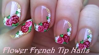 Floral side French manicure using acrylic paint