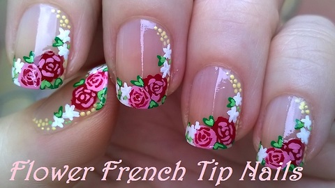 Floral side French manicure using acrylic paint