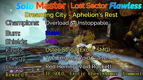 Destiny 2 Master Lost Sector: Dreaming City - Aphelion's Rest Solo-Flawless 5-1-22