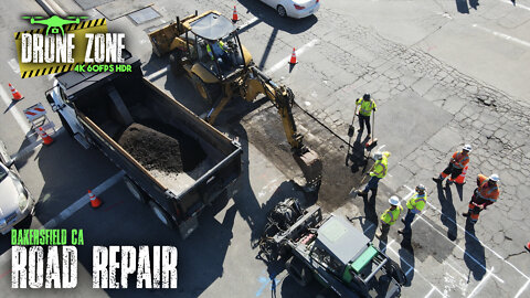 Repairing Pavement In A Busy Intersection In Bakersfield, CA DRONE FOOTAGE [4K 60FPS HDR]