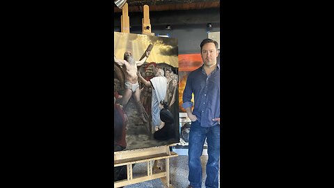 Varnishing my painting of The Martyrdom of St. Andrew, oil on panel 36 x 48” 2023.