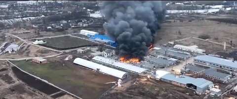 Drone Flyover of factory fire after being Russian attack in the region of #Kharkiv