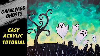 Graveyard Ghosts - Easy Halloween acrylic painting tutorial for beginners