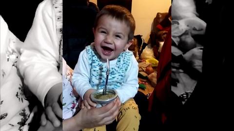 Look at the reactions of this baby while he drinks bitter South American drink called Mate