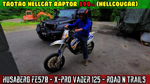 (E37) Husaberg FE 570 quick ride, X-pro X7 125 Vader Road and Trail ride w Grom Gang wheelies