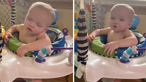 Tired baby humorously 'sleep jumps' before naptime