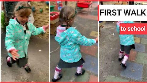 Little girl with cerebral palsy walks into school for her first day