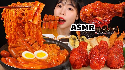 ASMR MUKBANG Spicy chicken Tteokbokki, seasoned chicken, Kimchi Gimbap cheese, fried food, eat