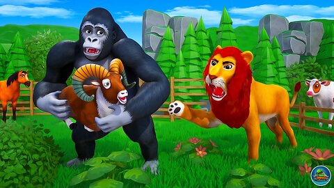 Animal Kingdom Battles_ Gorilla Defends Lion & Fox to Save Farm Animals Cow Goat Bison Cartoons