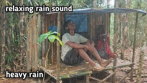 Solo camping in heavy rain all day || Renovating bamboo shelter while being hit by heavy rain