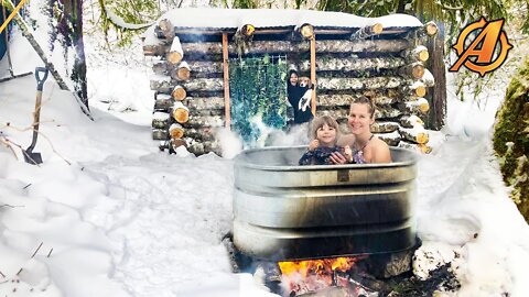 Building Her a Log Cabin Winter Spa by Hand in the Forrest For Valentines Day + Overnight Camping