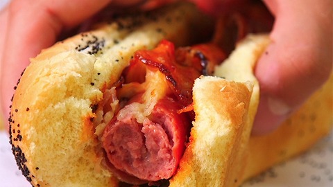 BBQ Bacon Wrapped Cheese Stuffed Hot Dogs