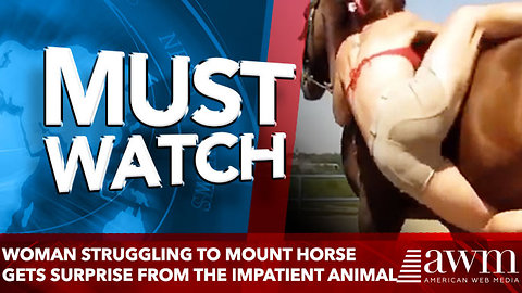 WOMAN STRUGGLING TO MOUNT HORSE GETS SURPRISE FROM THE IMPATIENT ANIMAL