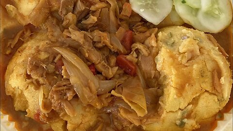 Cou-cou and Salt Fish $10 USD Lunch Barbados Bridgetown right outside Bus Terminal