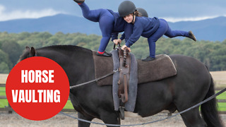 Children with disabilities perform gymnastics on a moving horse