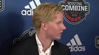 Rasmus Dahlin speaks with reporters at NHL Combine