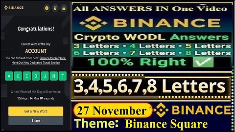 Today Binance Crypto WODL Answer| Today 27/11/23 Wodl Ansr | Word of the day | Theme Binance Square