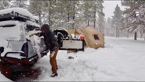 Off-Grid Winter Camping w/ Wood Stove: HEAVY SNOWFALL & Scouting For Scrap Firewood Wood (Part 1)