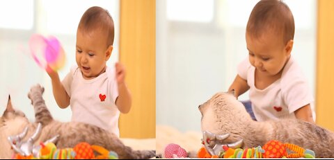 Cute little Baby playing her Cat