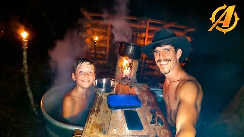 Father Son Overnight Camping In Bushcraft Log Cabin + Primitive Clay Stove Build