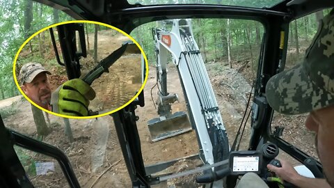 Deep woods excavator work on logging road w/Mongo tilt bucket