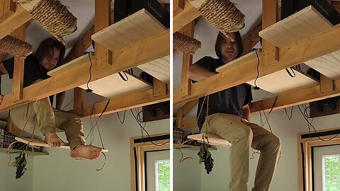 Tinyhouse PC setup in ceiling rafters w/ swing chair