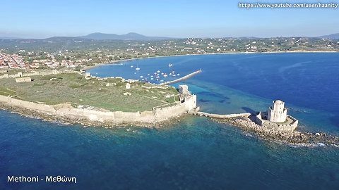 Drone footage captures Mediterranean castle town of Methoni, Greece