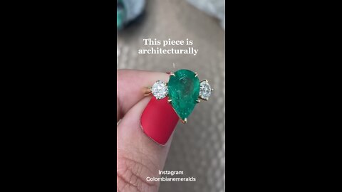 6.68tcw 18K Pear cut Dark Green Emerald & Round old euro Diamond Three Stone Vintage Ring