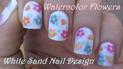 White sand nails with watercolor flowers for fall
