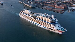 AIDA SOL cruise ship departs Portsmouth UK 25/04/2022 4k Drone sea footage DJI air 2s