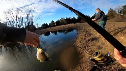 Catching pond crappie from the bank, using a slip float and jig