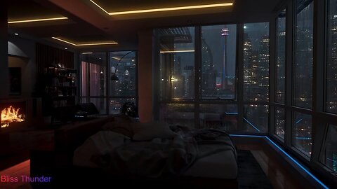 🎧 Night City Apartment Rain | Thunderstorm | Crackling Fireplace Ambience Sounds