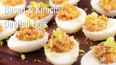 Keto Bacon and Kimchi Deviled Eggs - Custom Keto Recipes
