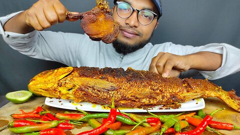 WHOLE FISH FRY EATING CHALLENGE WITH CHILLI, BIG FULL FISH FRY EATING, STEAK EATING, EATING SHOW