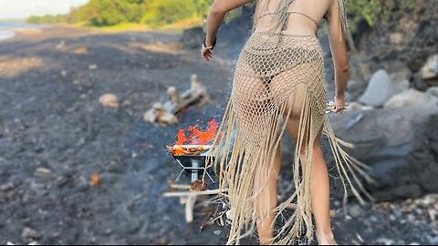Solo camping with girl spearfishing😍young wild beauty survives on volcanic beach