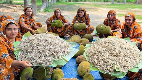 Prawn & Jackfruit Recipe - Different Types Village Food - Raw Jackfruits Shrimp Curry Cooking