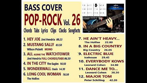 Bass cover POP-ROCK vol. 26 _ Chords Lyrics Clips Clocks MORE