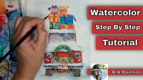 Watercolor Painting Christmas Tutorial - Step by step - Make it in to a Card