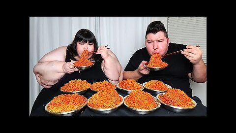 EXTREME FIRE NOODLE CHALLENGE WITH HUNGRY FAT CHICK • Mukbang & Recipe