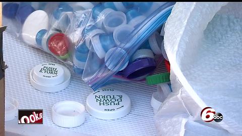 Plastic bottle caps are being collected to be molded into benches and picnic tables which will be placed at Abby and Libby's memorial park in Delphi