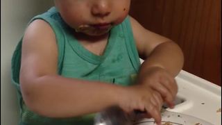 Adorable Little Boy Fails in Using a Spoon